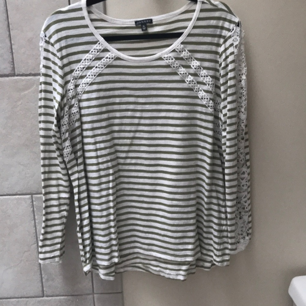 Hannah green and white stripe long sleeve tee with crochet trim